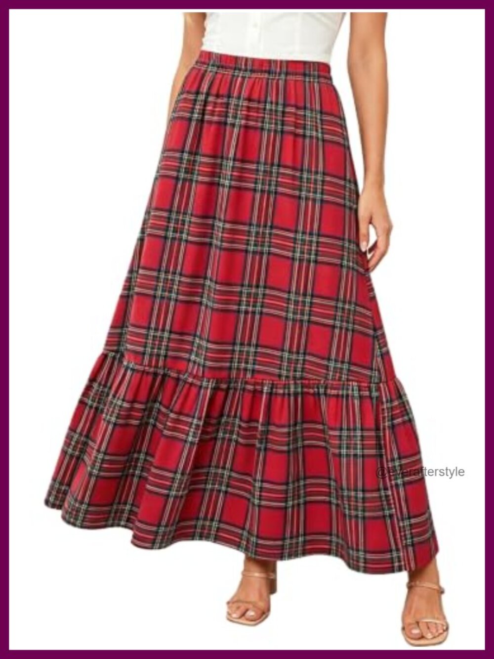Plaid Maxi Skirt High Waisted Ruffle Tiered A-Line Long Skirt
